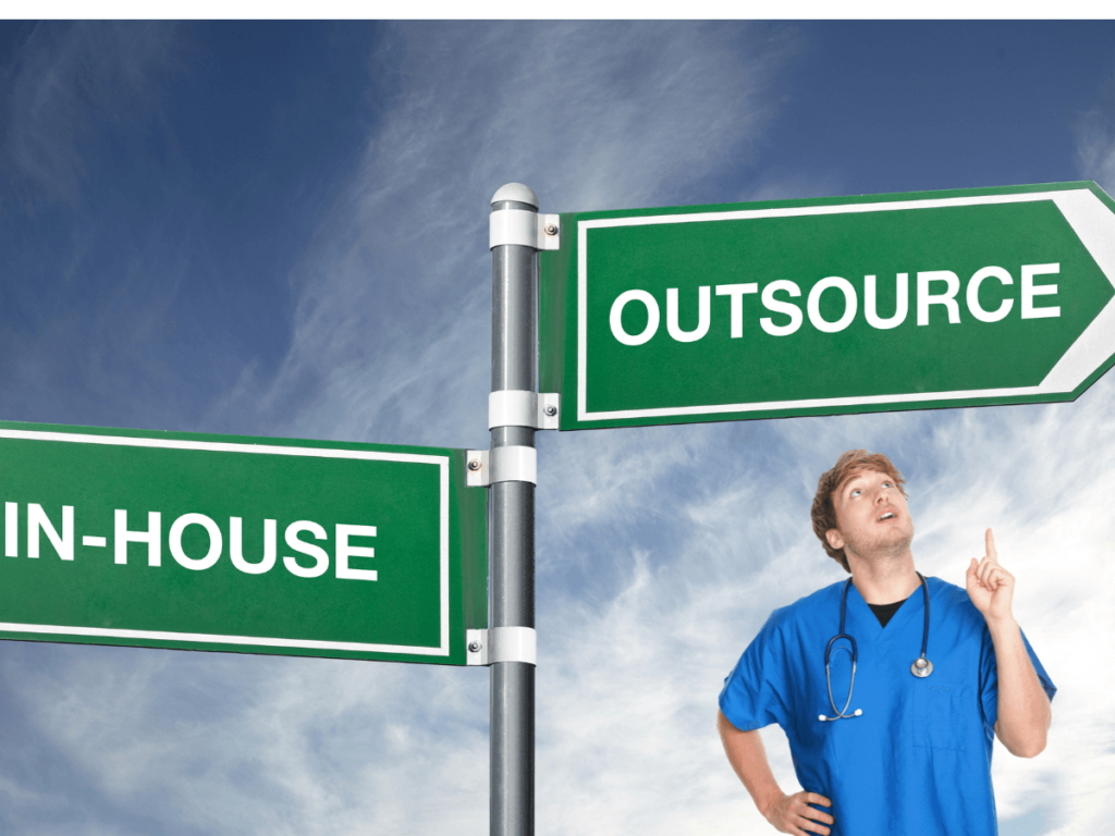 Doctor point up to "outsource" vs "in-house" road sign